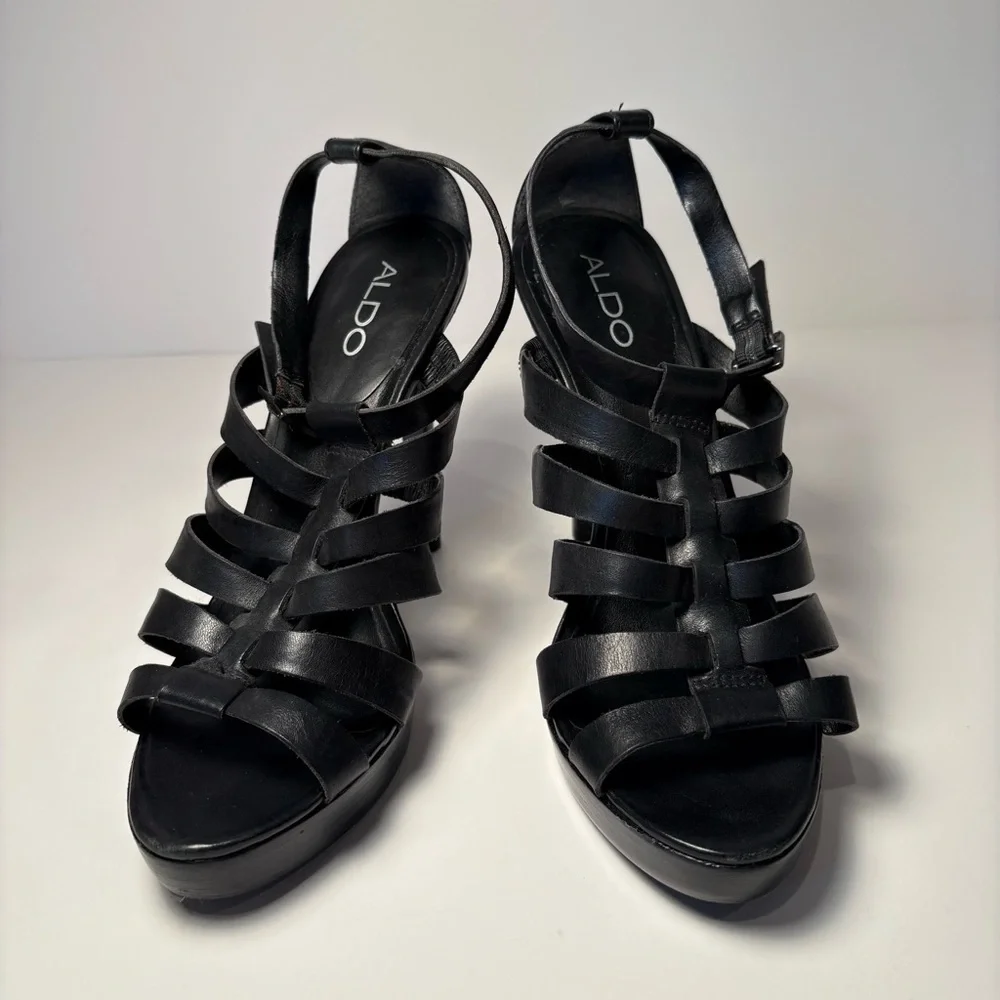 Aldo strappy preppy black stiletto leather heels sz 8